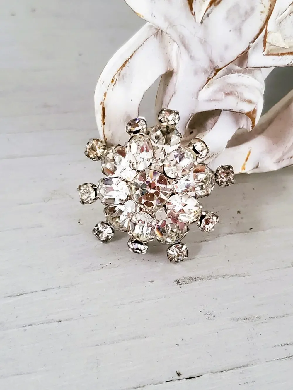 Vintage Mini Floral Clear Rhinestone Dome Brooch